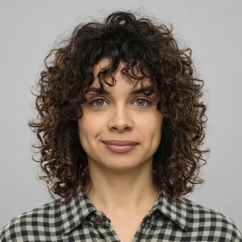 Curly shag with face-framing layers preview
